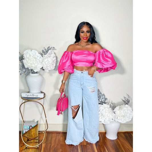 LOVE AT FIRST SIGHT LANTERN SLEEVES CROP TOP (PINK)