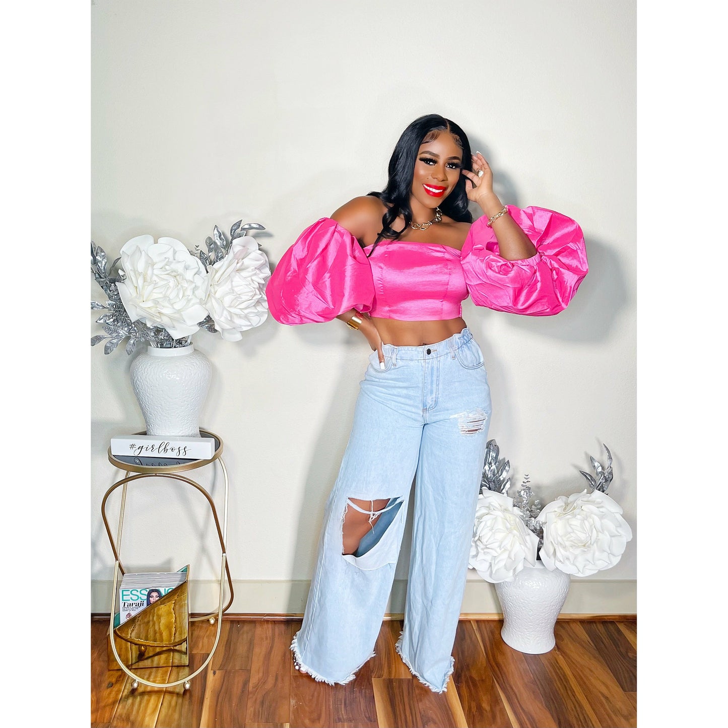 LOVE AT FIRST SIGHT LANTERN SLEEVES CROP TOP (PINK)