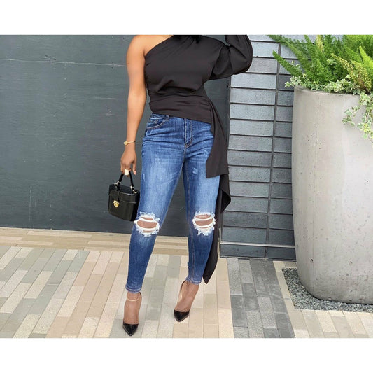 KEKE DISTRESSED KNEED DENIM