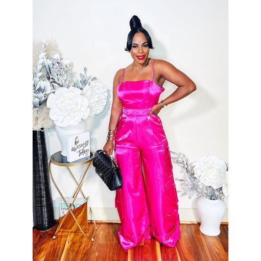 SUMMER BADDIE CARGO JUMPSUIT (HOT PINK)